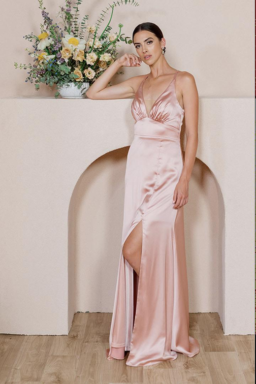 One Shoulder Simple Ruched Satin Sheath Long Bridesmaid Gown