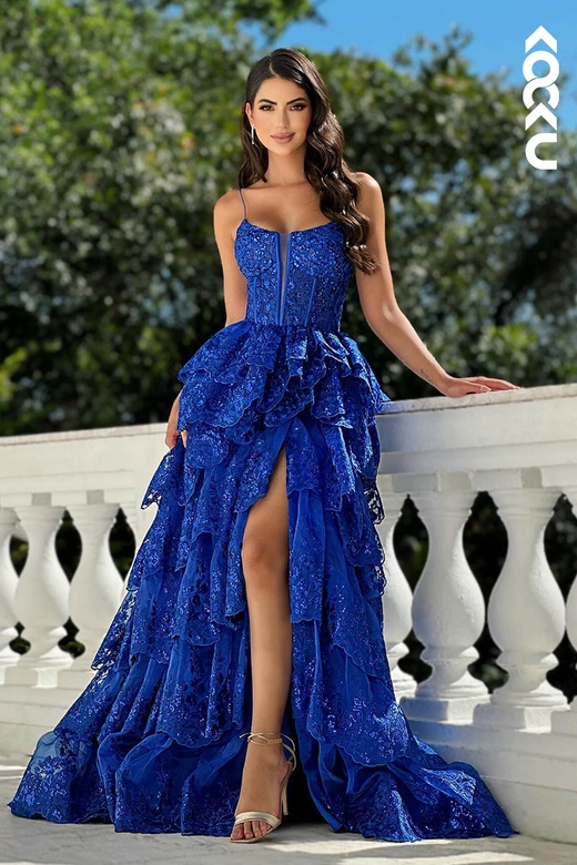 Couture A-Line Spaghetti Straps Square Applique Prom Dress