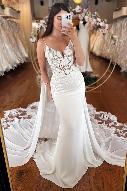 V-Neck Spaghetti Straps Lace Appliqued Satin Mermaid Gown