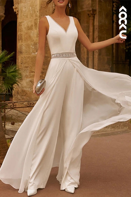 Simple Casual V-Neck Sleeveless Two-Piece Bridal Dress