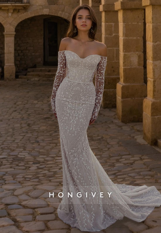 Classic Trumpet Sweetheart Off-Shoulder Lace Wedding Gown