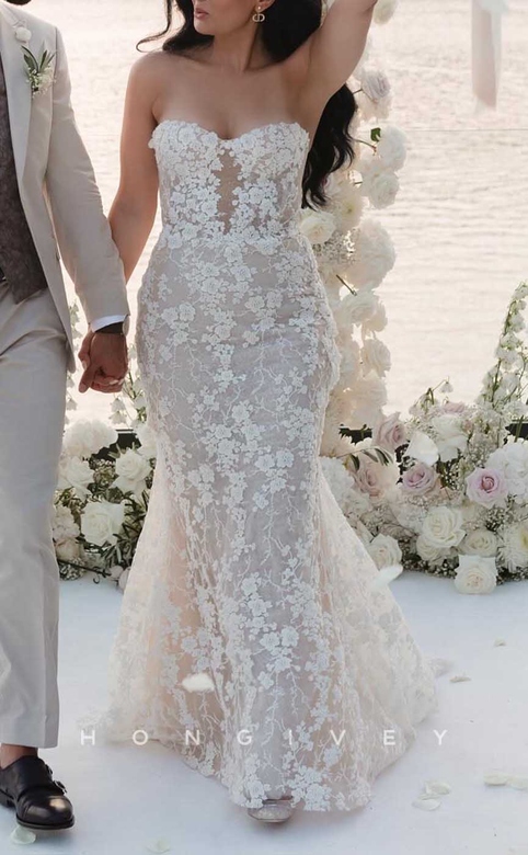 Trumpet Sweetheart Strapless Lace Applique Sheer Wedding Gown