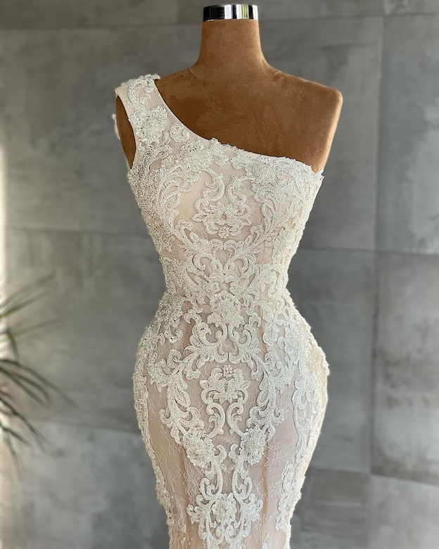 One Shoulder Mermaid Lace Wedding Dress, Champagne Bridal Gown