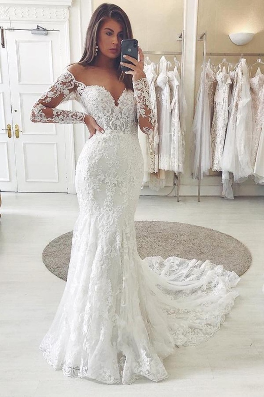 Long Sleeves Mermaid V-Neck Lace Bridal Wedding Dress