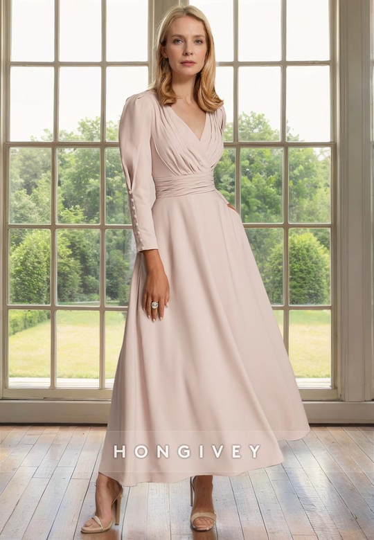 Chiffon V-Neck Long Sleeves Empire Style Mother-of-the-Bride Dress