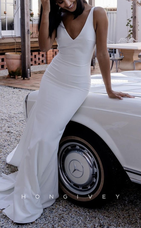 Sexy Satin Trumpet Dress, V-neck Straps, Empire Open Back, Train, Beach Wedding