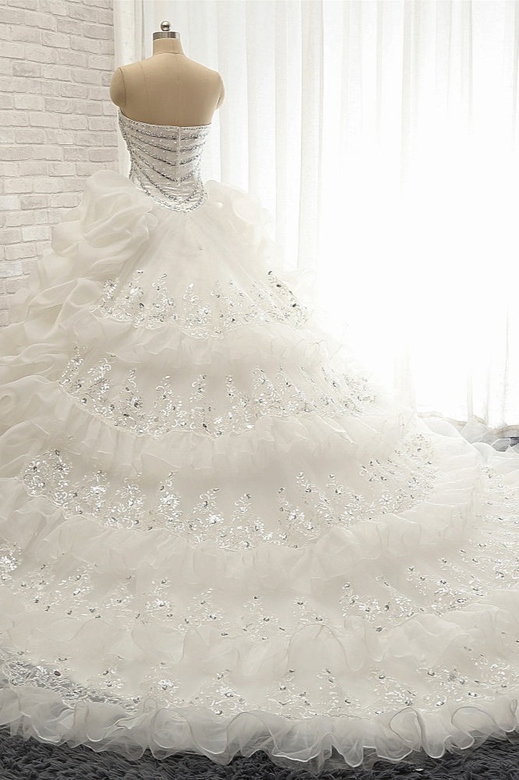 Glamorous Sweetheart White Sequins Wedding Dress, Tulle Ruffles & Appliques