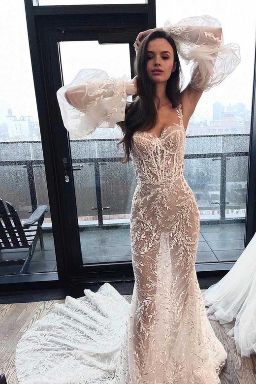 Sweetheart Lace Appliqued Sheer Mermaid Long Gown