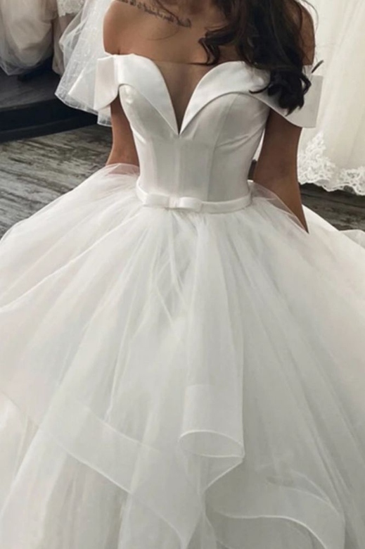 Classic Off-Shoulder Ball Gown, Puffy Layers Wedding Dress