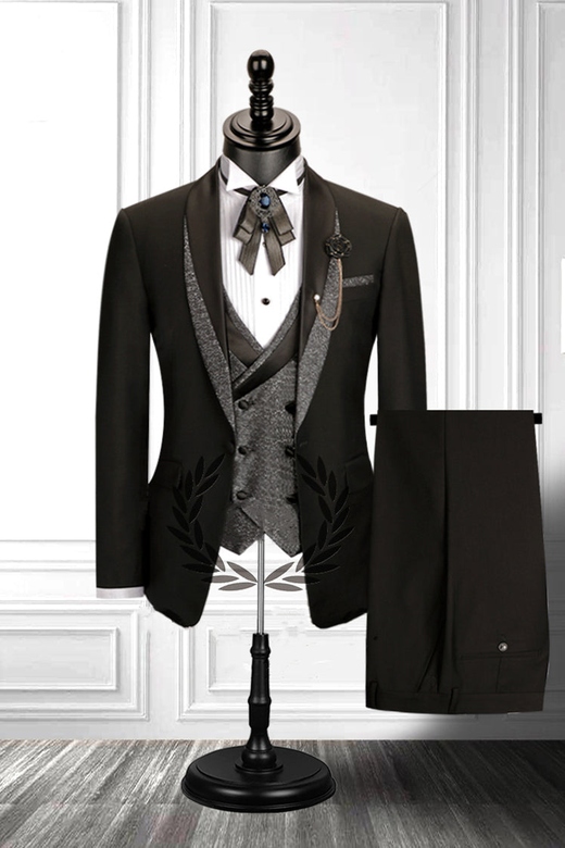 Stitched Shawl Lapel Black Three-Piece Men's Suit