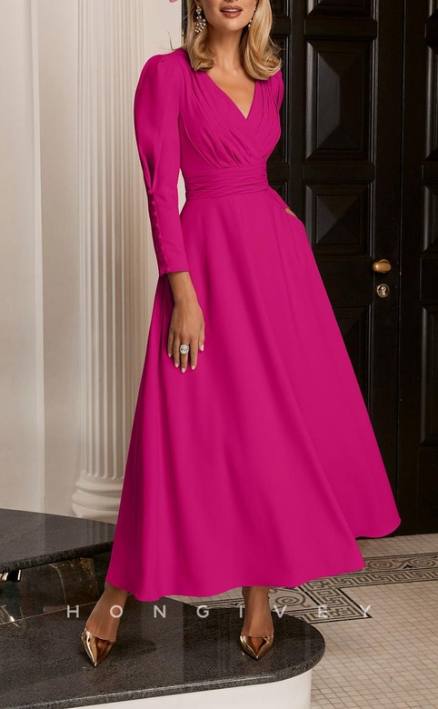 Attractive Satin A-Line V-Neck Ruched 3/4 Sleeves Pockets Gown