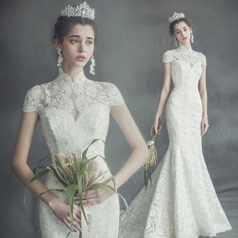 Elegant Mermaid High-Neck Lace Cap Sleeves Wedding Dress Sale