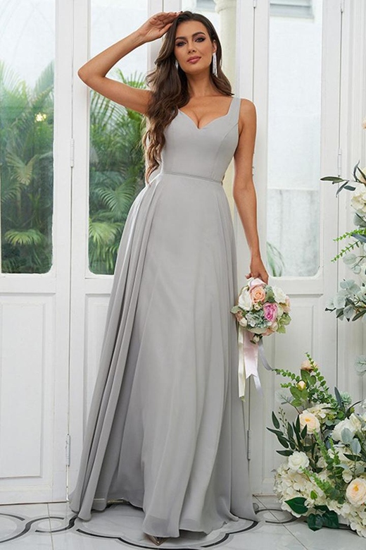 V-Neck Cut Outs Chiffon A-Line Long Bridesmaid Dress with Bow