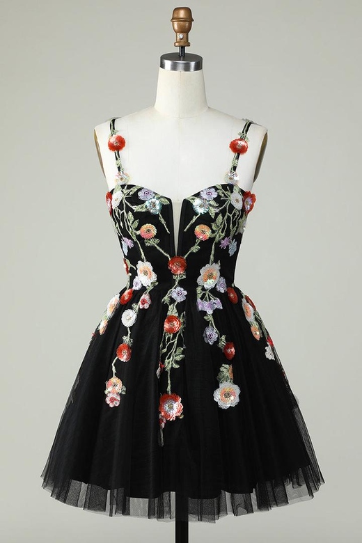 V-Neck Sleeveless Floral Appliqued Tulle Mini Dress