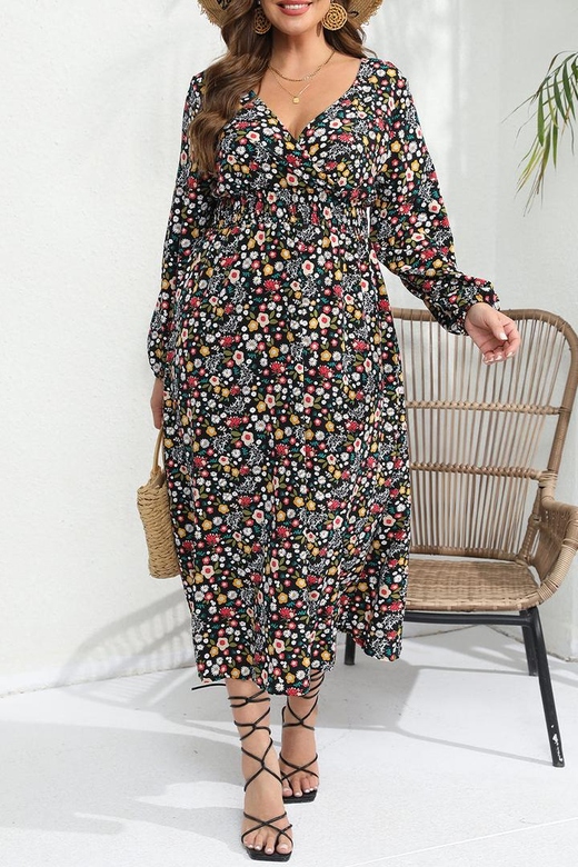 Elegant Floral Patchwork V-Neck A-Line Plus Size Dresses