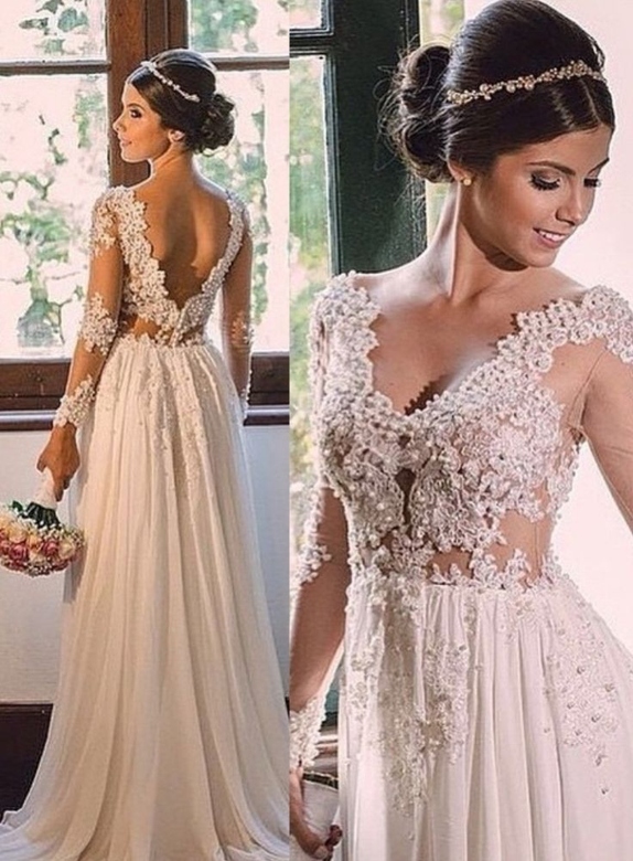 Simple A-line Chiffon Wedding Dress with V-neck and Backless Detail