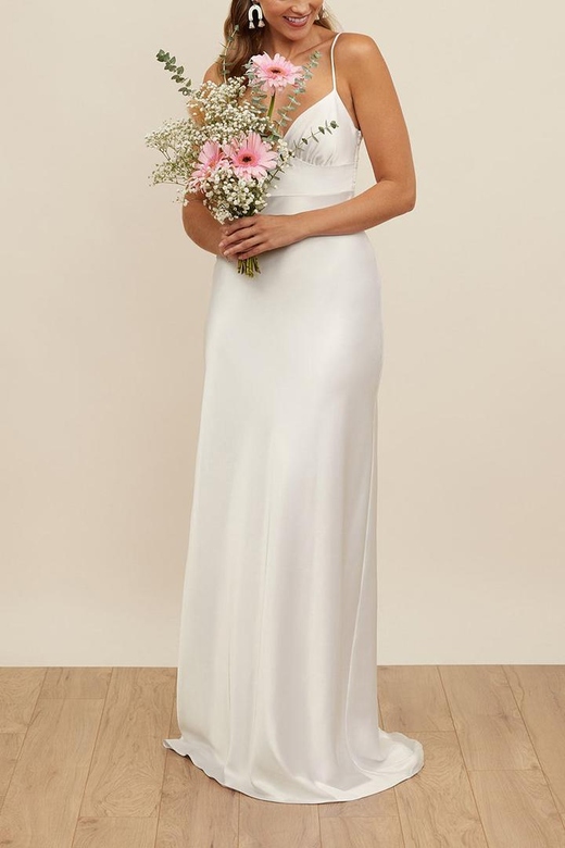 Simple V-Neck Spaghetti Straps Sleeveless Satin A-Line Gown