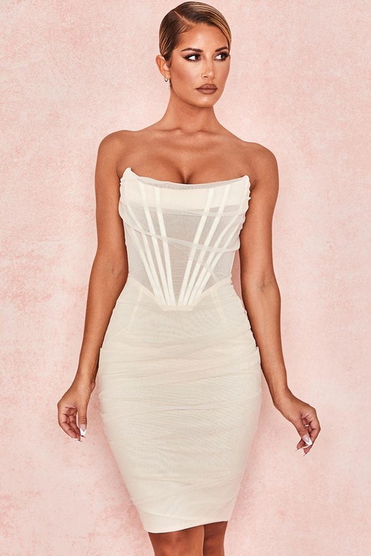 White Chic Ruched Strapless Mini Corset Dress