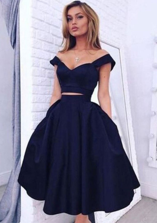 Off-the-Shoulder Knee-Length Satin A-Line Homecoming Dress with Pockets