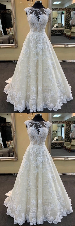 Chic Ivory Lace Long Wedding Gown with Cap Sleeve and Train