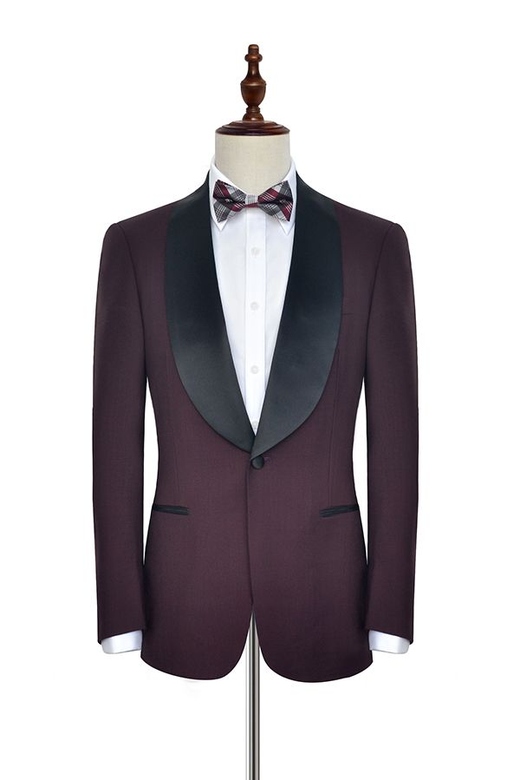 Sharp Black Shawl Collar Suit, One-button Burgundy Wedding Wear