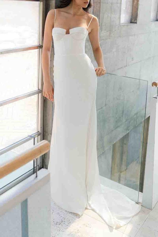 Classic V-Neck Spaghetti Straps Satin Sheath Wedding Dress