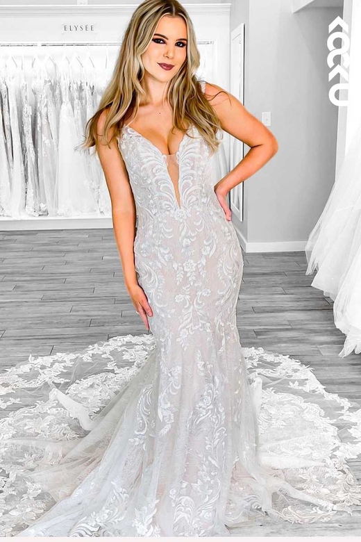 Deep V-Neck Lace Sheer Mermaid Dress with Train