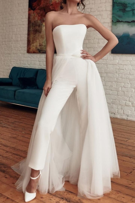 Strapless Satin Sheath Gown with Detachable Train