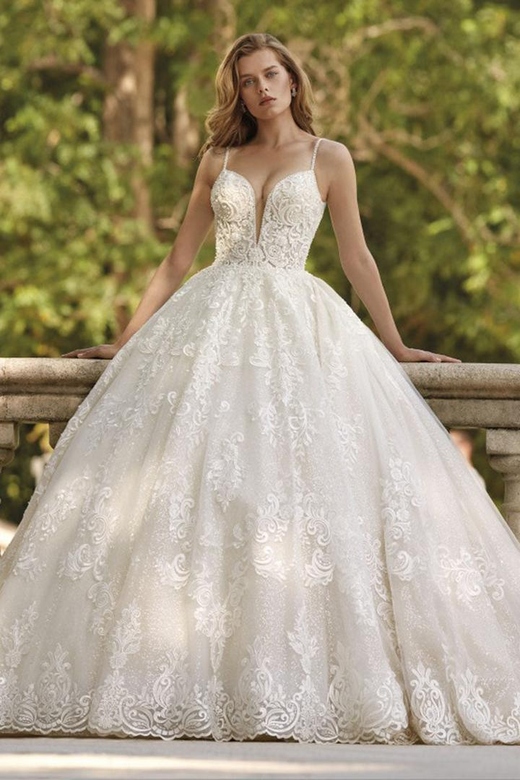 Low V-Neck Lace Applique Long Ball Gown with Sweep Train