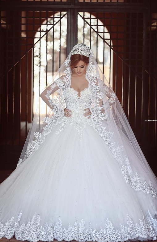 Classic White Lace Ball Gown Wedding Dress, Popular Long Sleeves