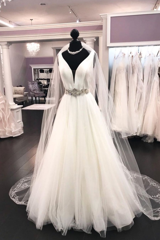 Elegant White Satin Tulle V-Neck Long Halter Bridal Wedding Dress Sale