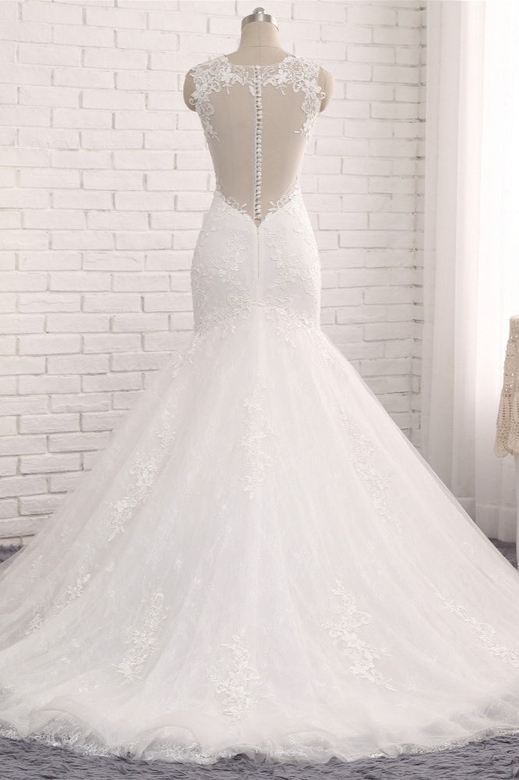 Elegant Straps V-Neck Tulle Lace Mermaid Wedding Gown, Sleeveless