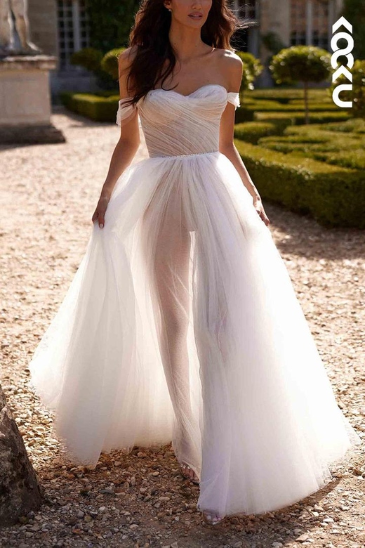 Off-Shoulder Ruched Sheer Tulle A-Line Long Wedding Gown