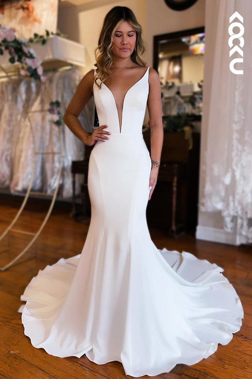 Trumpet V-Neck Satin Backless Sleeveless Mermaid Wedding Gown