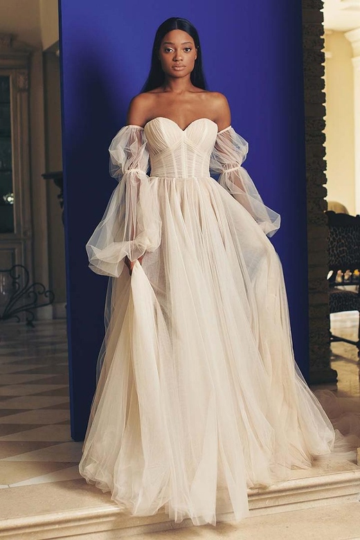 Sweetheart Off-Shoulder Sleeves Ruched Tulle A-Line Wedding Gown