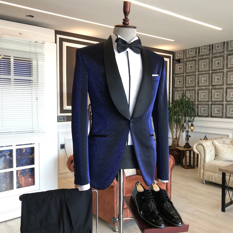 Sparkly Navy Blue & Black Lapel Wedding Suit Set