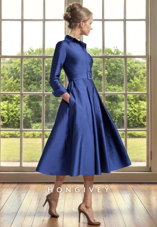 Satin A-Line Empire 3/4 Sleeves with Pockets Tea-Length Mother of the Bride Dress