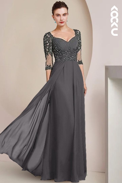 Half Sleeves V-Neck A-Line Elegant Embroidery Chiffon Gown