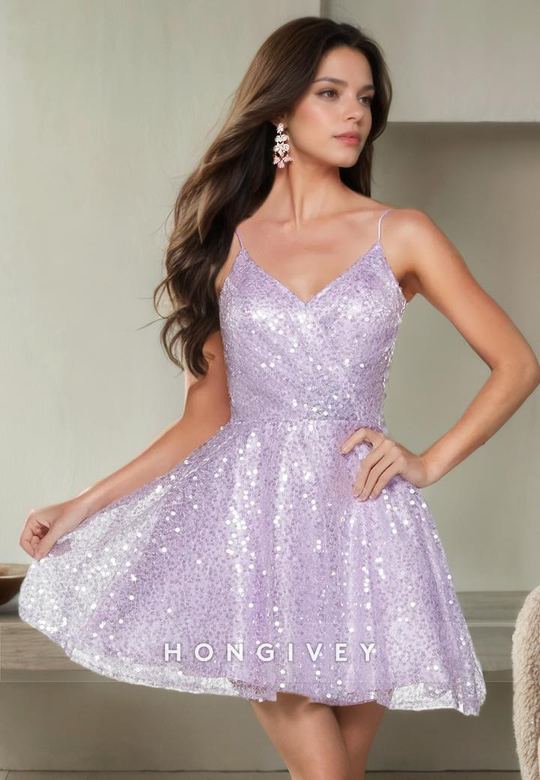 Glitter Tulle A-Line V-Neck Spaghetti Lace-Up Short Homecoming