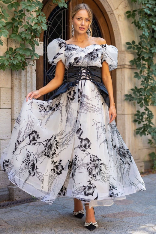 Black Romantic Puff Sleeve Floral Organza Peplum Gown