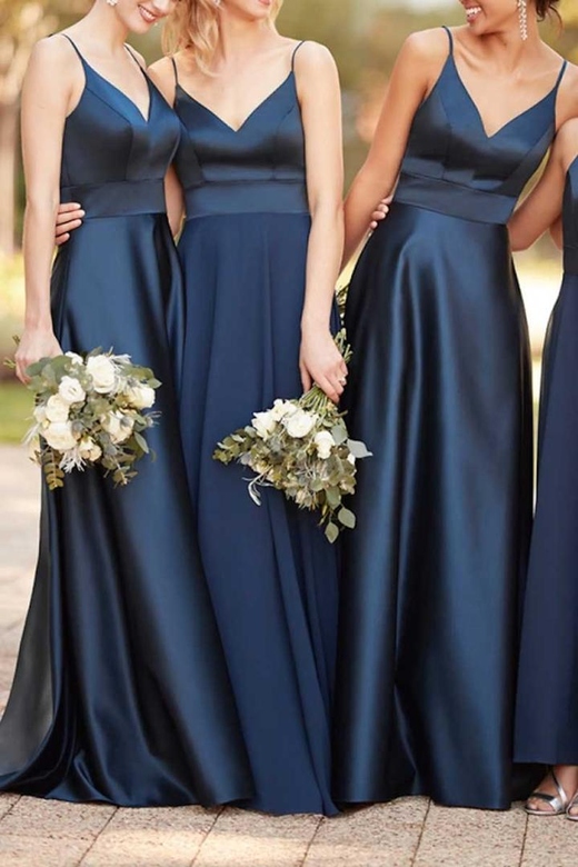 V-Neck Spaghetti Straps Satin A-Line Long Bridesmaid Gown