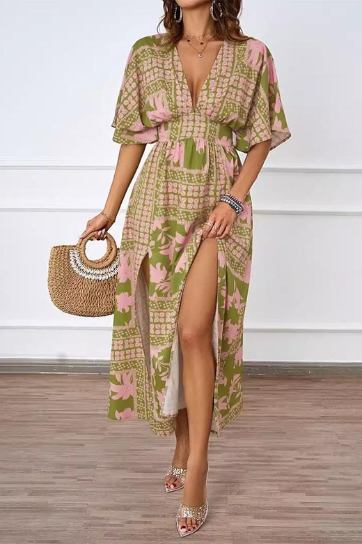 Sexy Floral Slit V-Neck A-Line Short Sleeve Dress