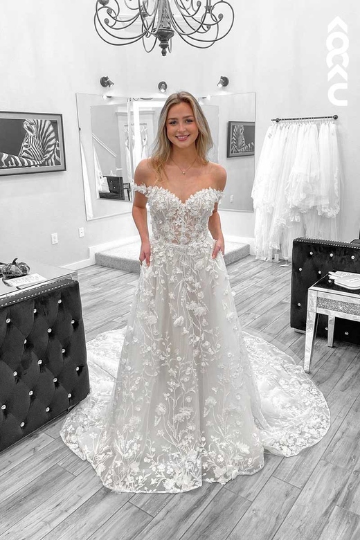 Bateau Off-Shoulder Lace Beaded A-Line Wedding Gown