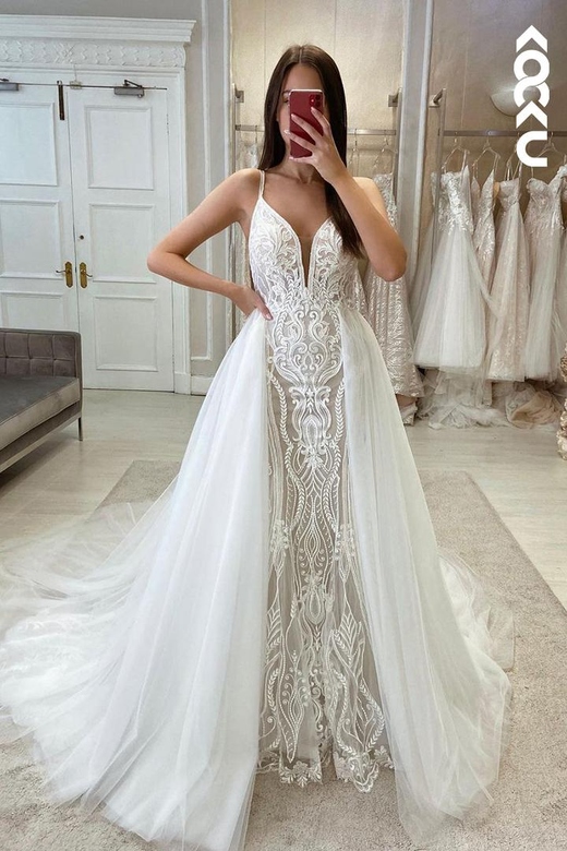 Glamorous Spaghetti Straps V-Neck Mermaid Fully Applique Wedding Dress