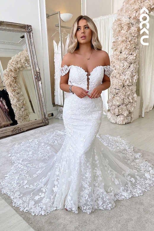 Off-Shoulder Trumpet Tulle Appliques Mermaid Style Wedding Dress