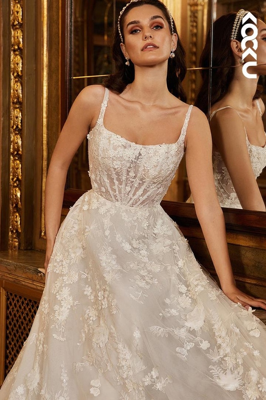 Glamorous Square Straps A-Line Wedding Dress with Applique Detail