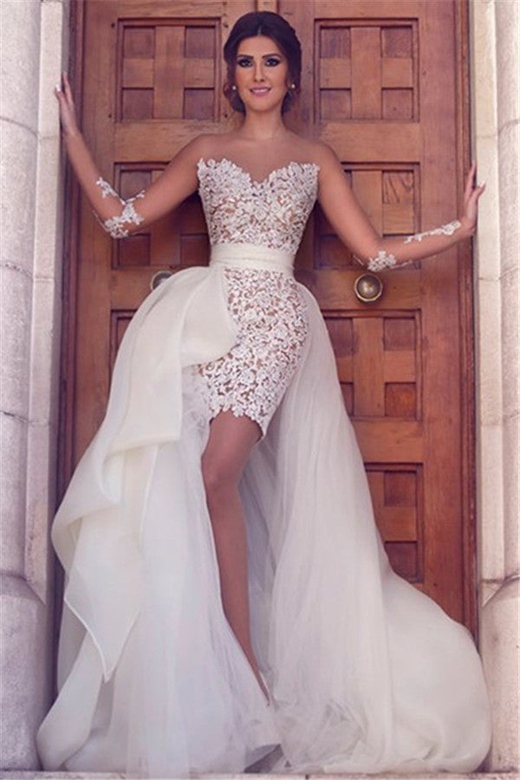 Long-Sleeved Wedding Dress with Detachable Train, Lace Design