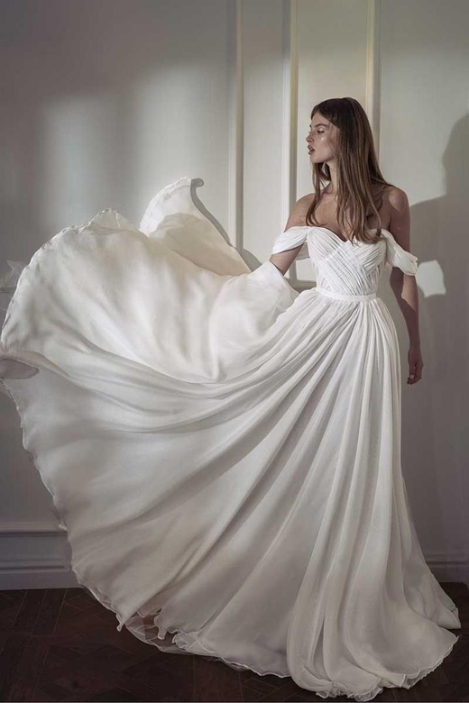 Off-Shoulder Sleeveless Ruched Tulle A-Line Long Gown