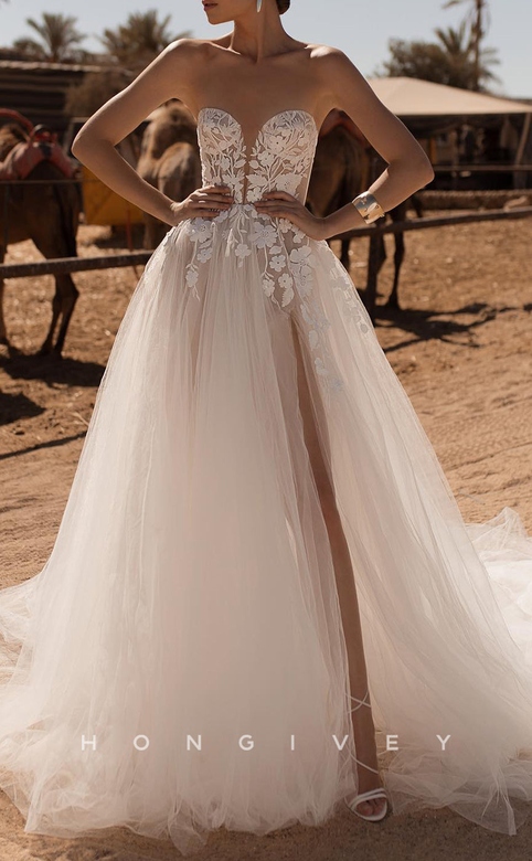 Sheer Tulle A-Line Sweetheart Lace Applique Side Slit Wedding Dress