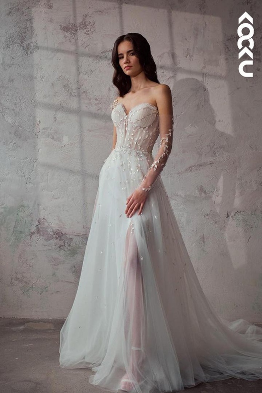 Modern A-Line Sweetheart One-Shoulder Tulle Boho Wedding Dress, Sweep Train